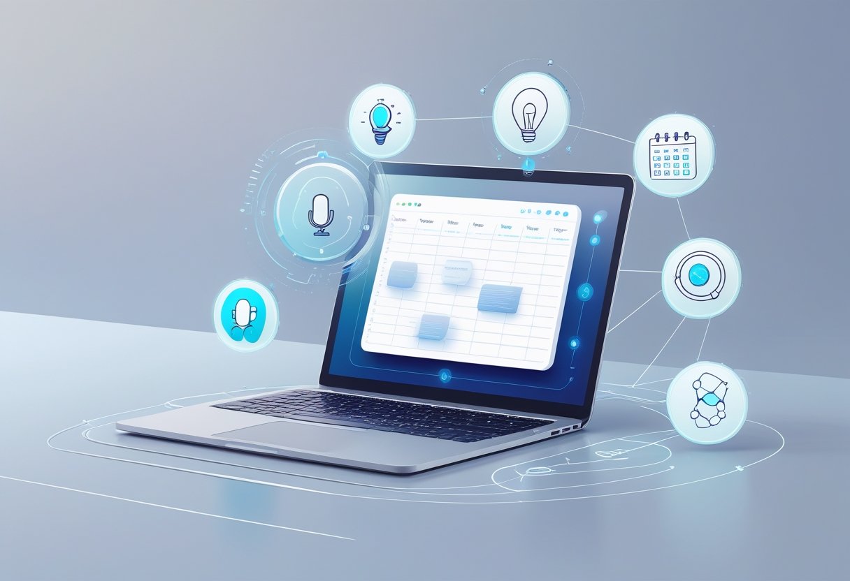 A digital workspace with a laptop surrounded by floating icons representing voice transcription, idea capture, reminders, search, and knowledge linking features of AI note-taking tools.