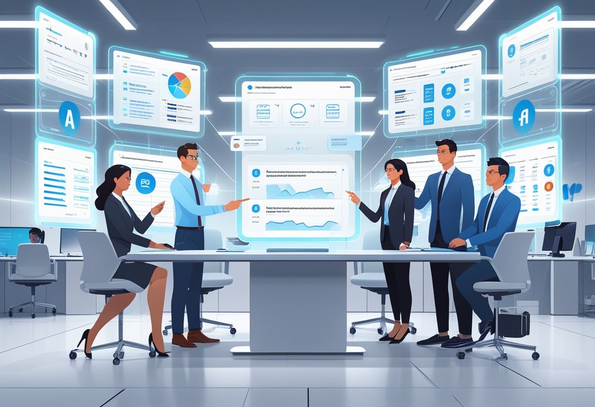 A futuristic office scene showing people interacting with floating digital screens displaying notes and charts.