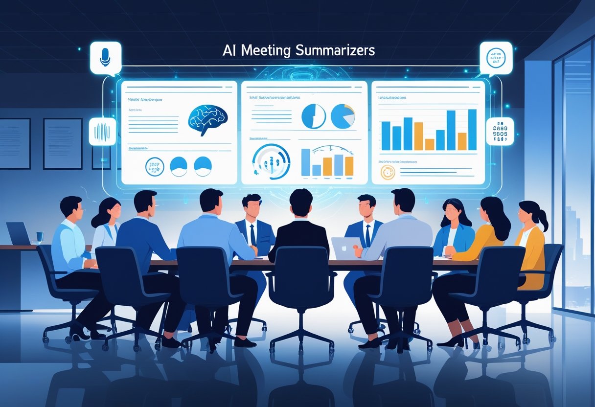 A group of professionals in a meeting room with a holographic display showing summarized meeting information and AI technology icons above the table.