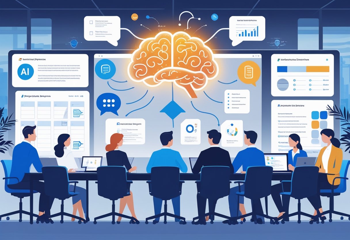 A group of professionals in a meeting room with a digital screen showing an AI brain icon connected to meeting-related symbols, illustrating the use of AI to summarize meetings.