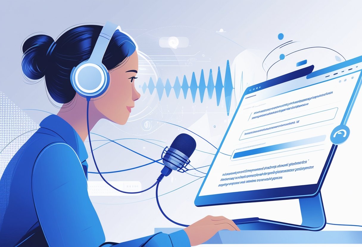 A person speaking into a microphone with digital waveforms and text lines appearing nearby, illustrating voice-to-text transcription.