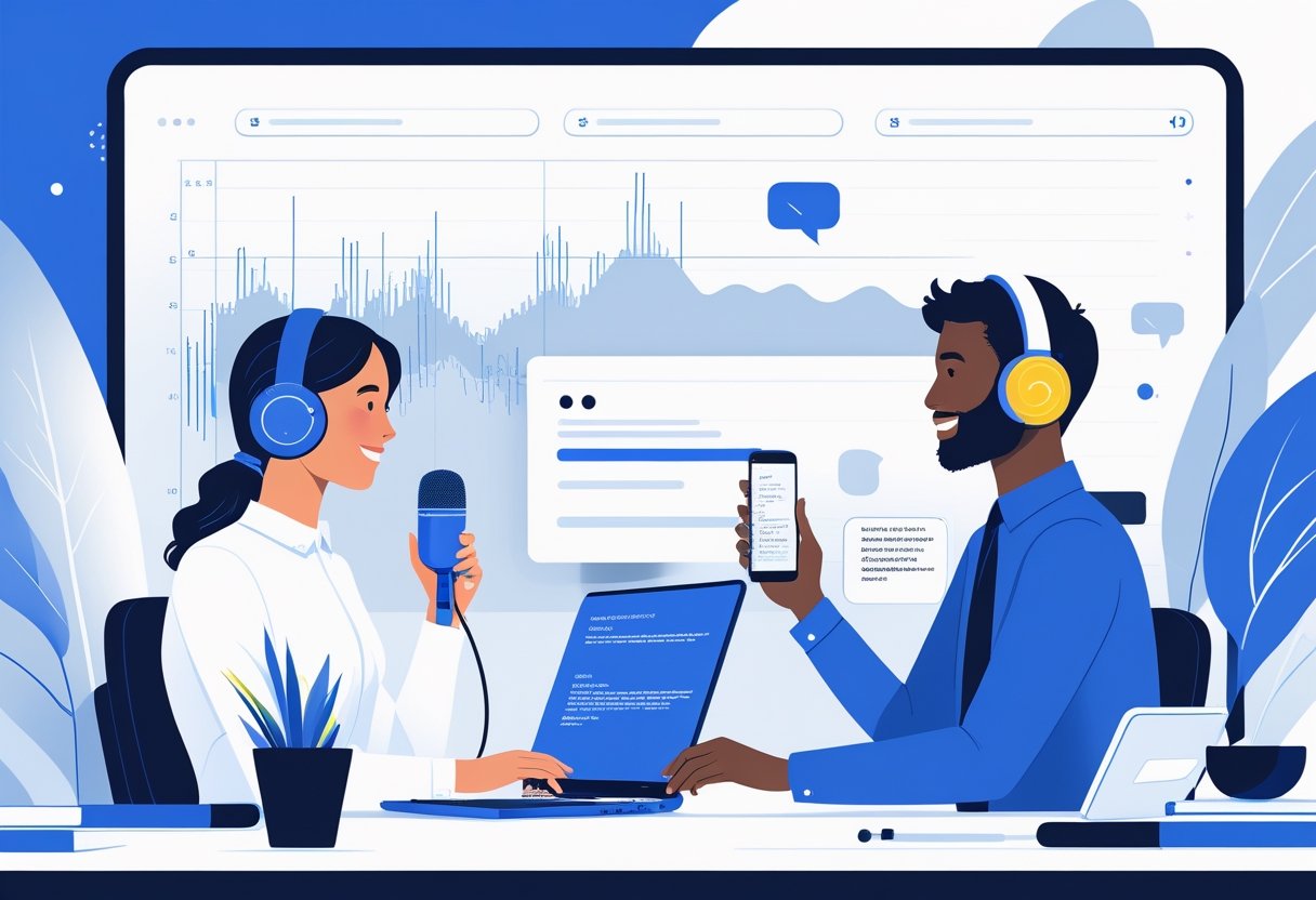 People using various devices like laptops, smartphones, and tablets to convert spoken words into text in a modern office setting.