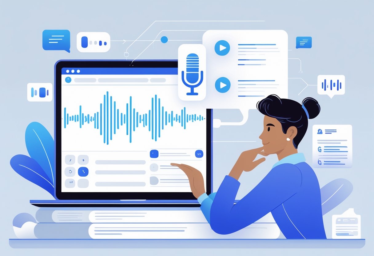 A person at a desk using a laptop with digital voice waveforms and transcription interface elements visible on the screen.