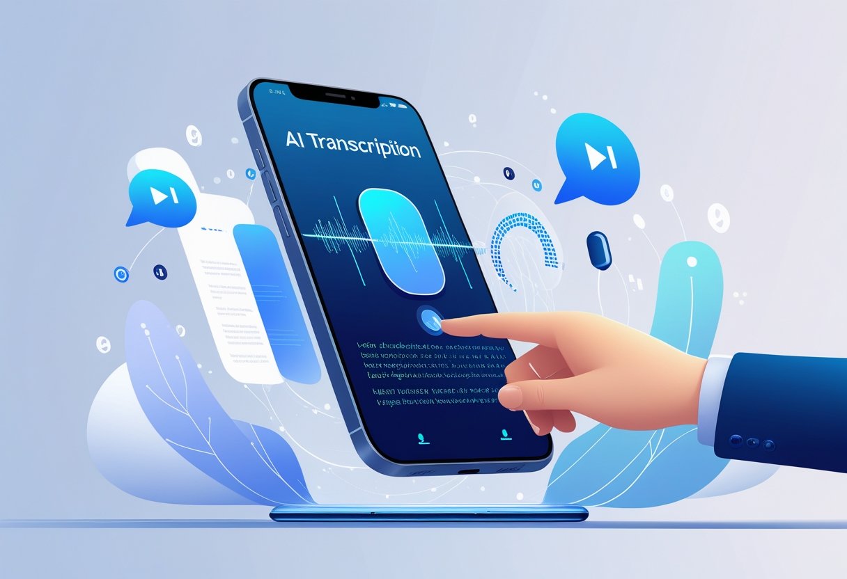 A hand interacting with a smartphone showing audio waves being converted into text, surrounded by digital and AI-themed visual elements.