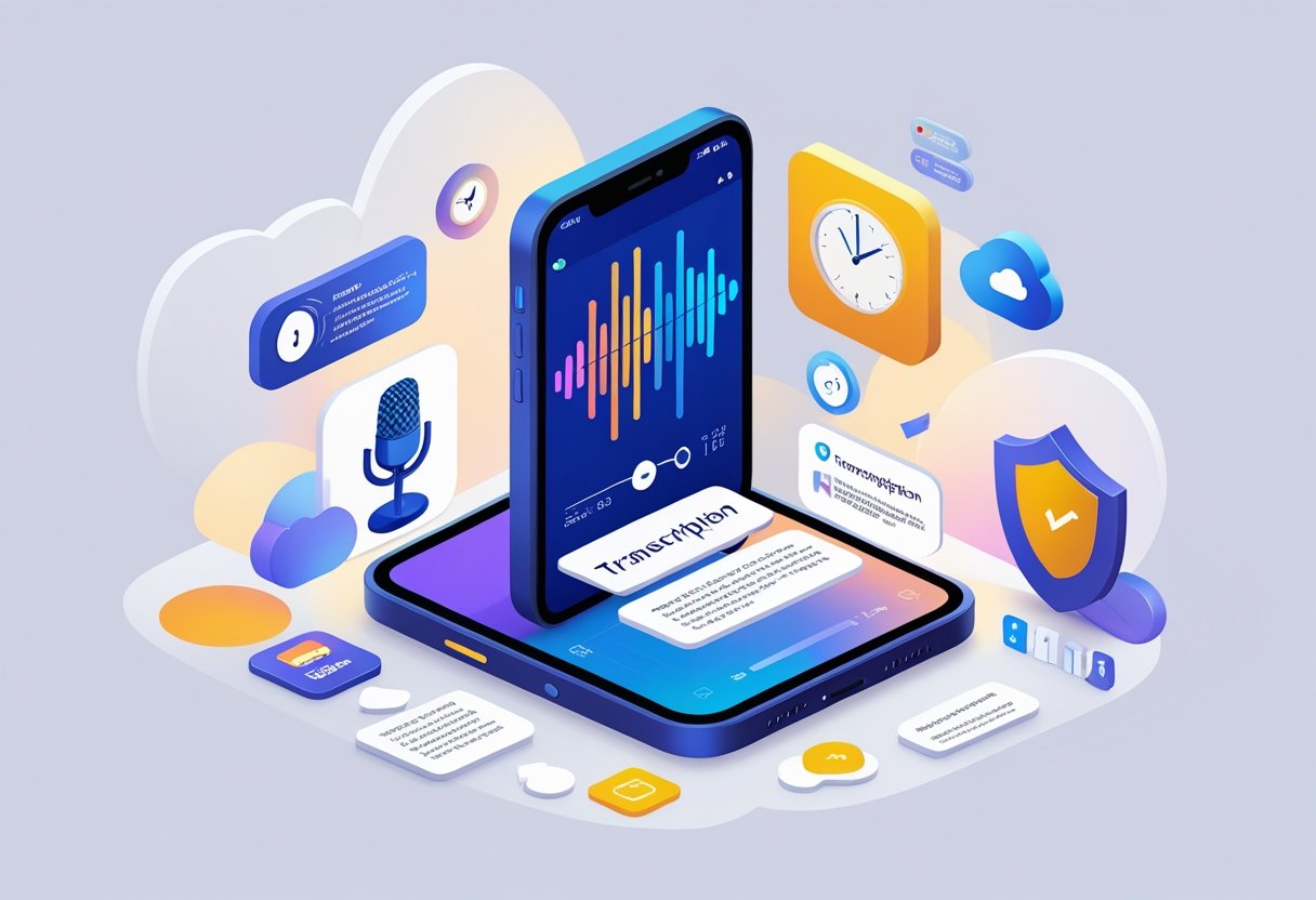 A digital device showing audio waveforms and text, surrounded by icons representing voice input, fast transcription, cloud storage, multilingual support, and data security.