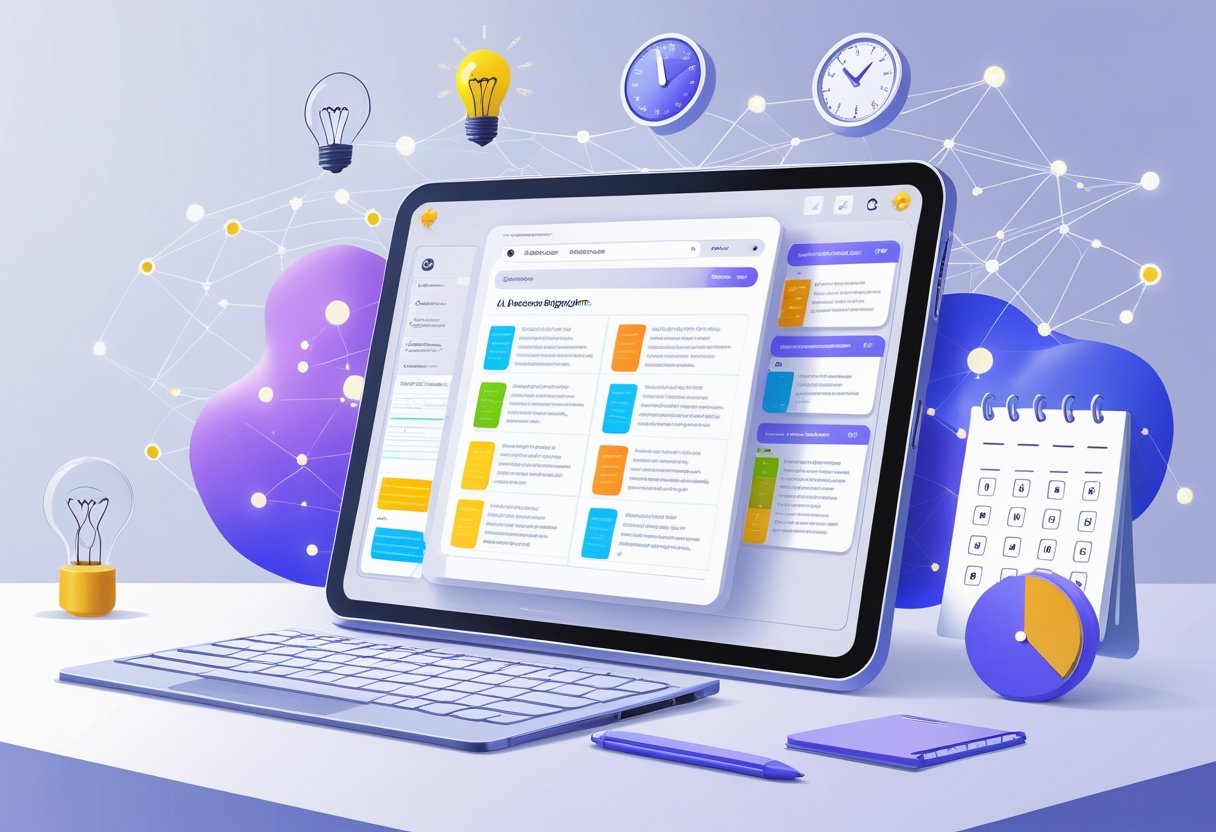 A digital workspace with a laptop showing an AI-powered note-taking app, surrounded by icons representing ideas, time management, AI intelligence, and productivity.