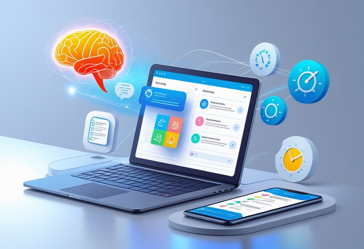 A digital workspace with a laptop and tablet showing interfaces related to AI note-taking, surrounded by icons representing intelligence, organization, time-saving, and integration.