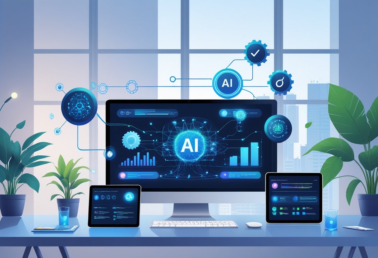 A modern workspace with digital devices showing AI interfaces and symbols representing productivity and collaboration.