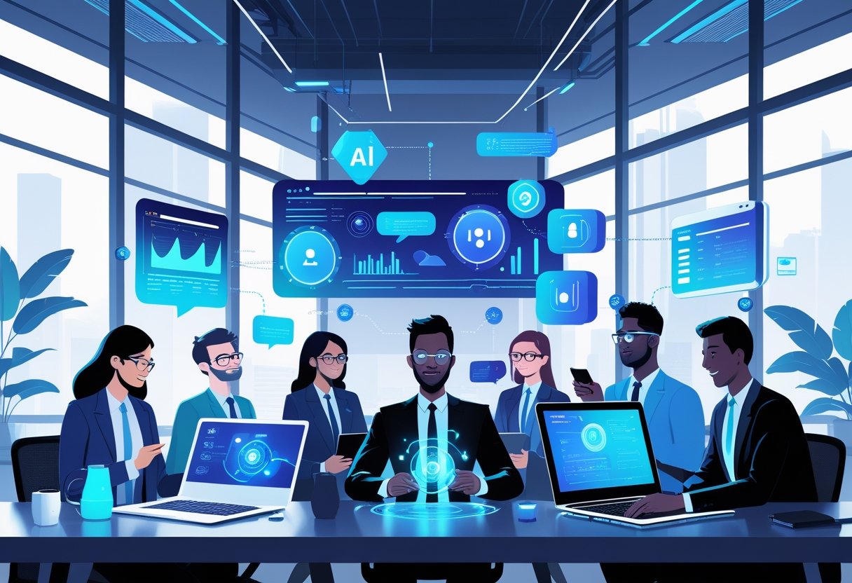 A group of professionals working together in a modern office using digital devices with holographic AI interfaces and charts floating around them.