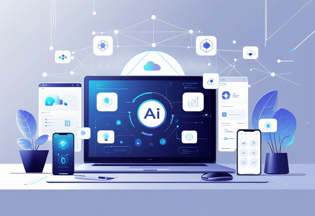 A modern workspace with digital devices showing icons representing various AI productivity tools surrounded by floating holographic AI symbols.