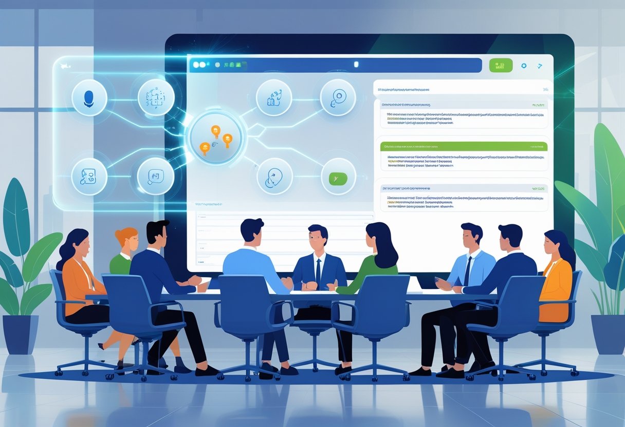 A group of people in a meeting around a table with a digital interface above showing icons for speech-to-text, speaker identification, timestamps, and keyword highlights.