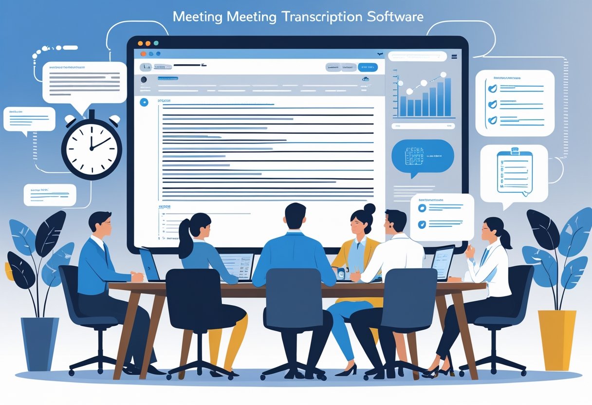 A group of professionals in a meeting room using transcription software displayed on a large screen, with icons representing time-saving, organization, and clarity.
