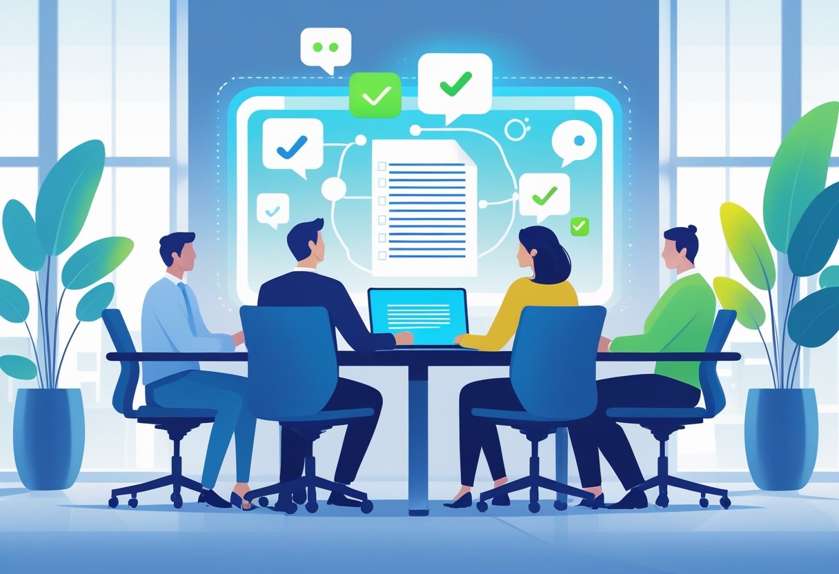 A group of professionals having a meeting around a table with a digital display showing icons representing automated note-taking and transcription.