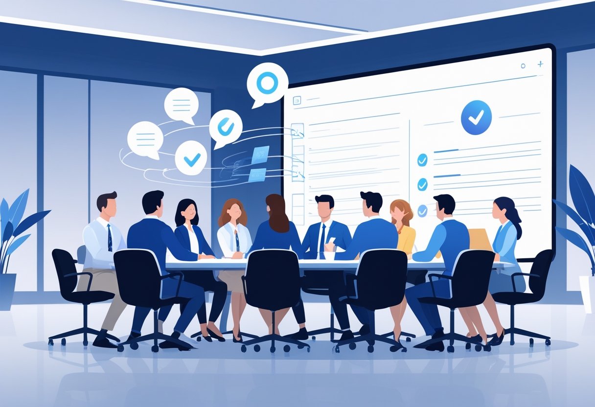 A group of professionals sitting around a conference table with a digital interface above them showing meeting notes being created automatically.