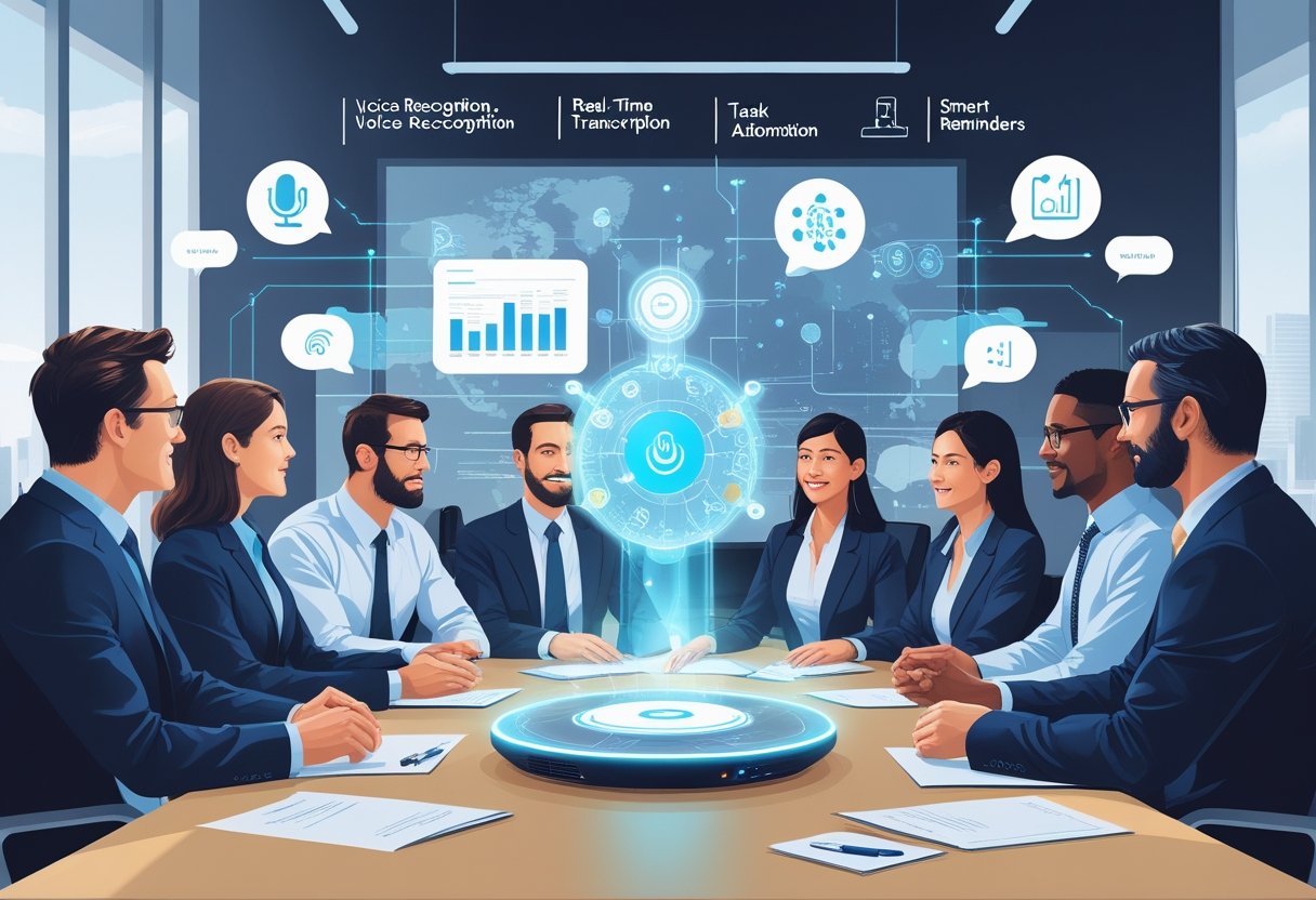 A group of professionals in a meeting room with a holographic AI assistant displaying charts and notes, symbolizing smart meeting support.