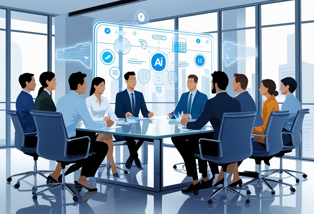 A group of professionals having a meeting around a conference table with digital AI icons and data visualizations floating above the table.