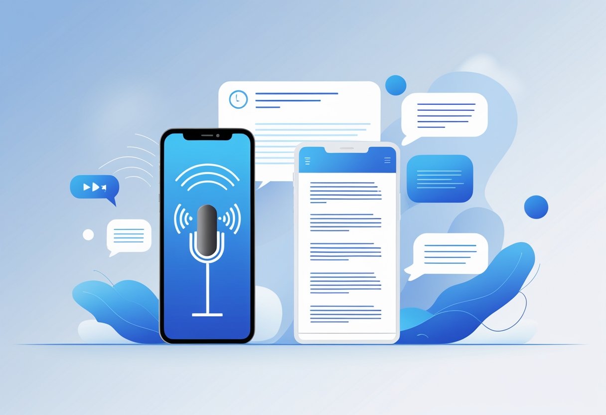 A smartphone emitting sound waves with a digital interface showing flowing lines representing converted speech next to it.