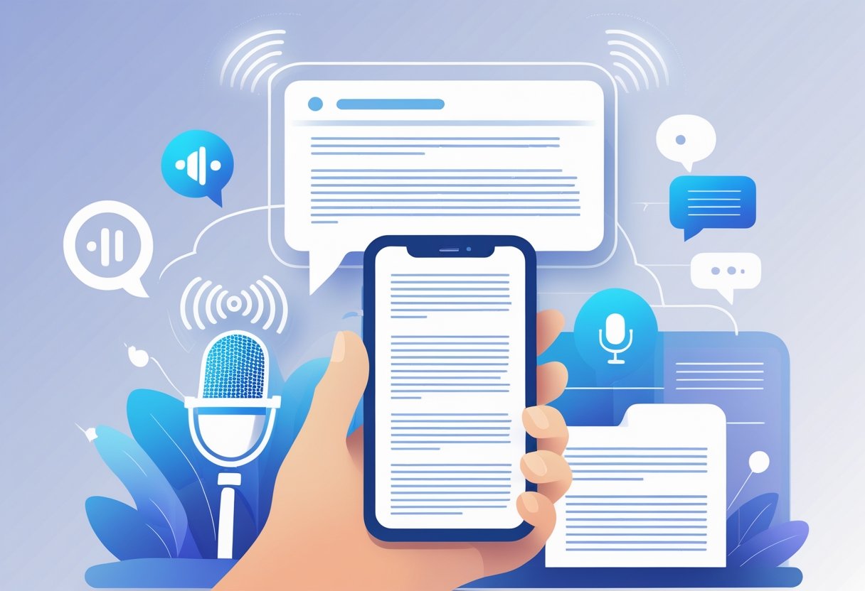 A hand holding a smartphone with sound waves coming from it and a glowing text box above showing lines of transcribed text.