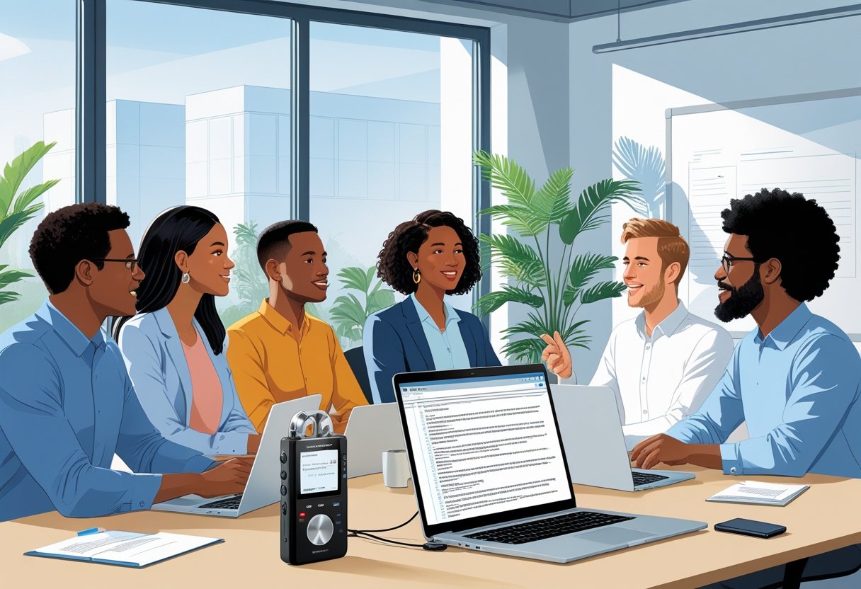 A group of people in a meeting room with a voice recorder and a laptop showing live transcription on the screen.