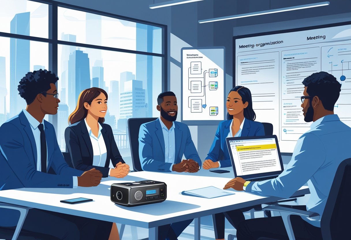 A group of four people having a meeting around a table with a voice recorder and laptop showing text, in a bright office with a city view.