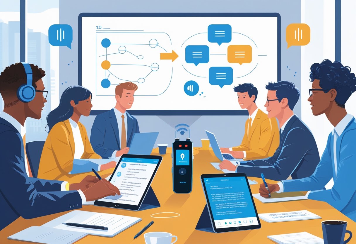 A group of people in a meeting room with one person speaking, another taking notes on a laptop, and a digital voice recorder and tablet on the table displaying transcription.