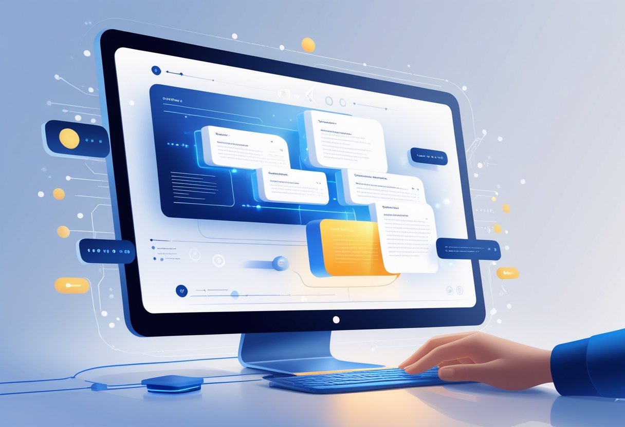 A computer screen showing data streams being condensed into a summary box with a hand interacting with the interface.