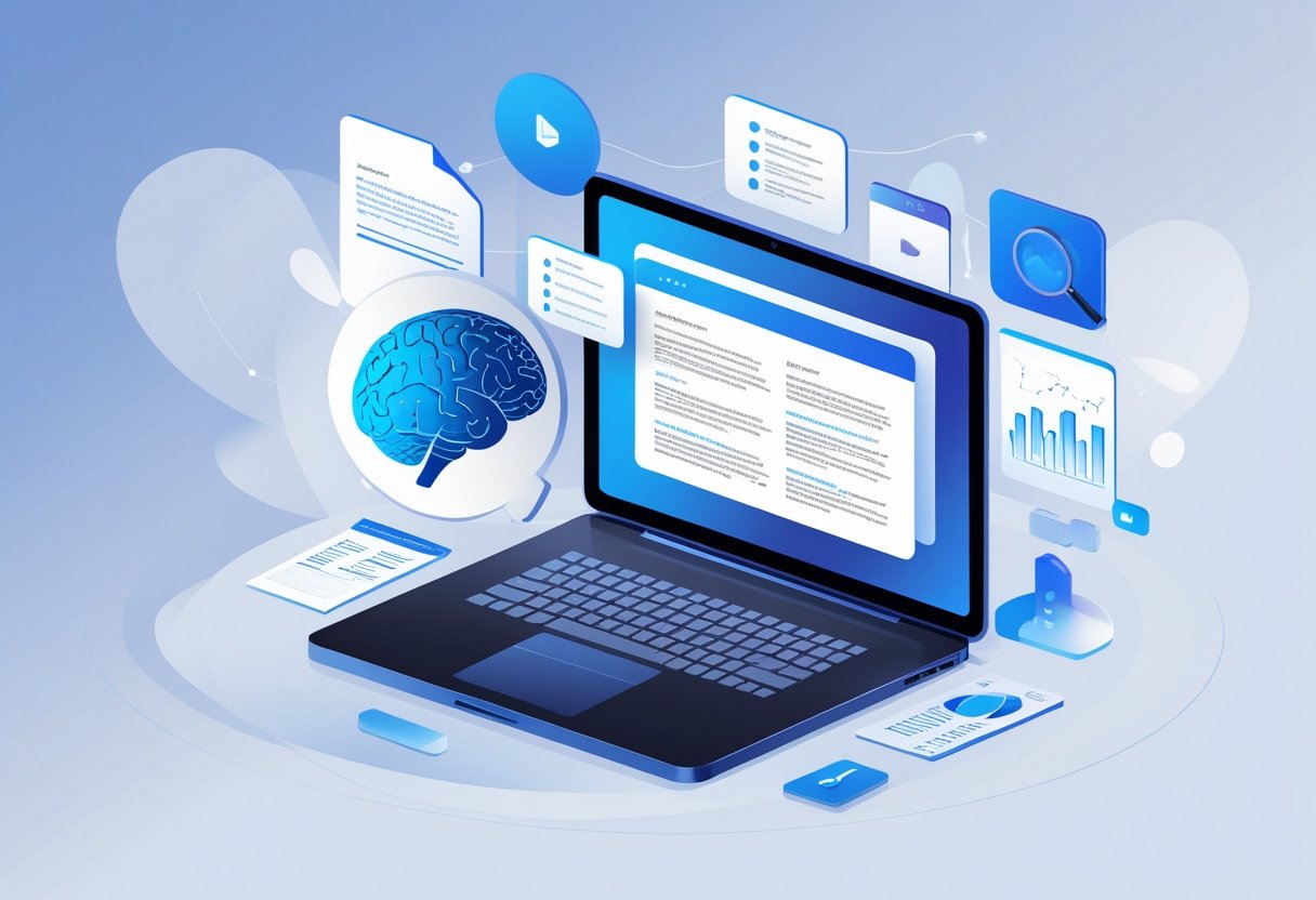 A computer screen showing summarized text with icons of AI, documents, and charts around it, symbolizing efficient information processing.