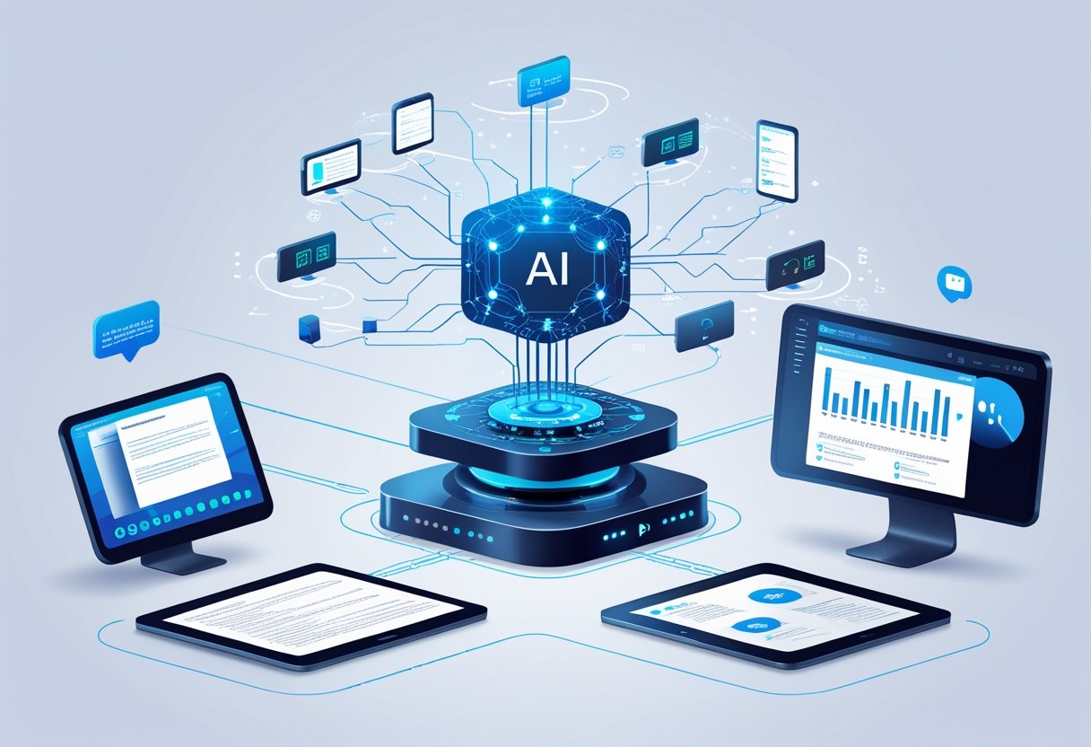 A futuristic AI system connecting to various devices that summarize documents, videos, audio, and conversations.