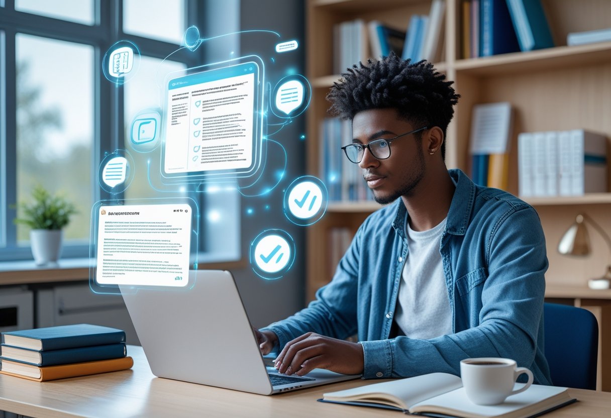 A student sitting at a desk using a laptop with floating digital icons around, surrounded by books and study materials in a bright room.