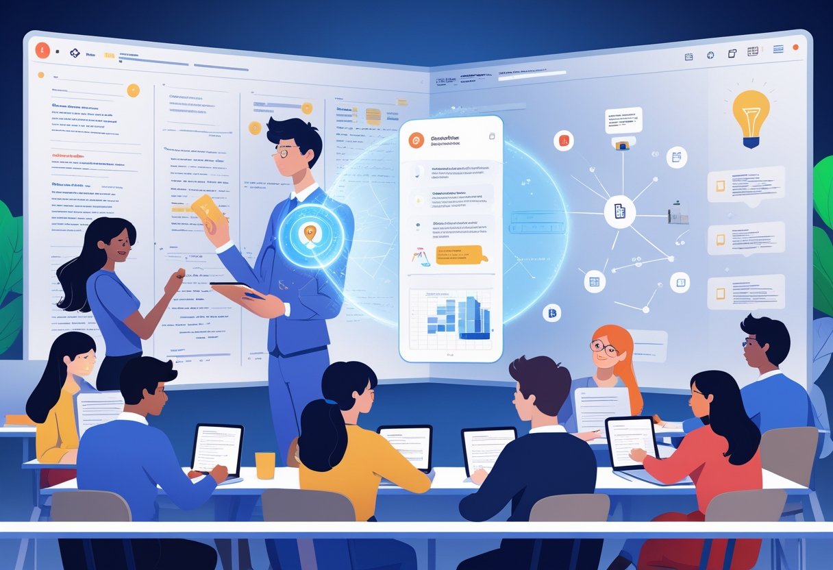 Students using digital devices with a holographic AI assistant organizing and summarizing notes in a classroom.