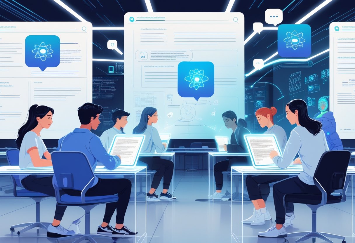 Students using futuristic devices with holographic notes in a modern classroom setting.