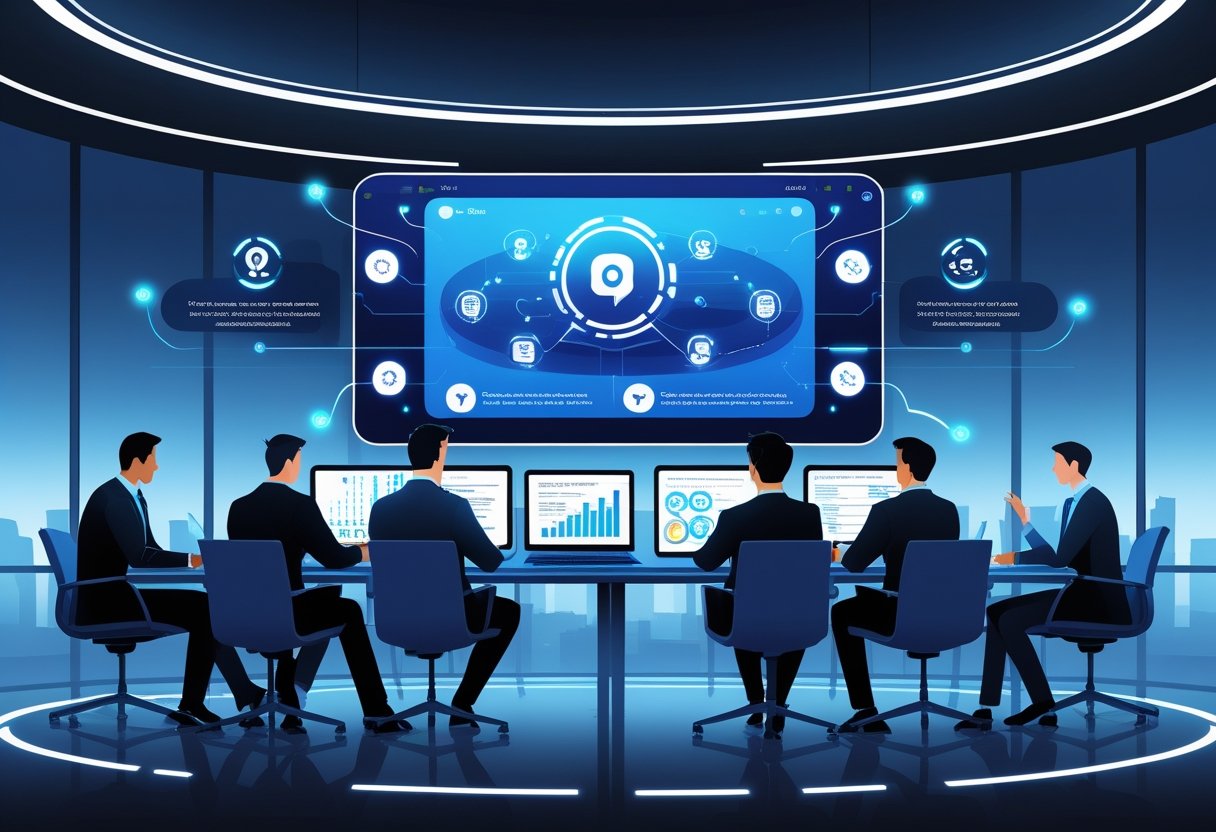 A group of business professionals in a conference room using devices with a digital AI interface showing features like speech recognition and note-taking during a meeting.