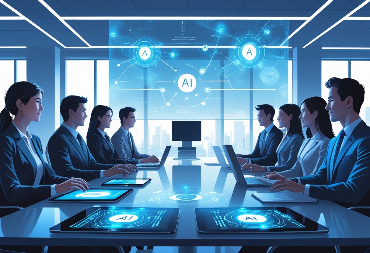 A group of business professionals around a conference table using digital devices with holographic AI interfaces during a meeting.