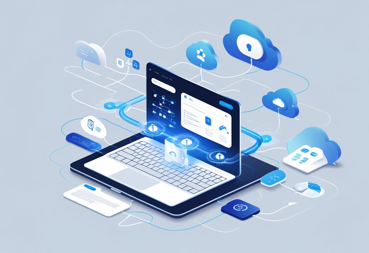 A digital workspace showing a laptop with a note-taking app surrounded by icons representing AI technologies like speech recognition, cloud storage, and data processing connected by flowing lines.