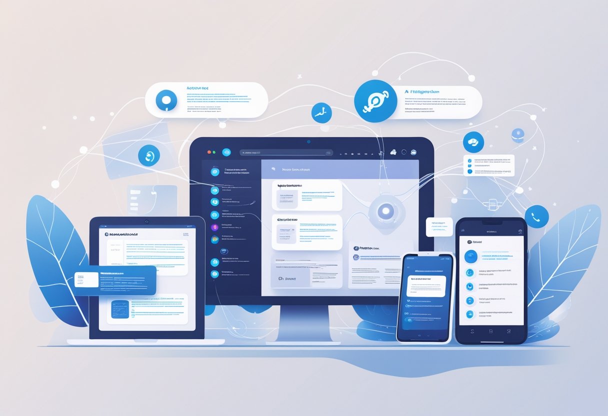 A digital workspace showing multiple devices connected by abstract data streams, illustrating an AI-powered note-taking workflow.