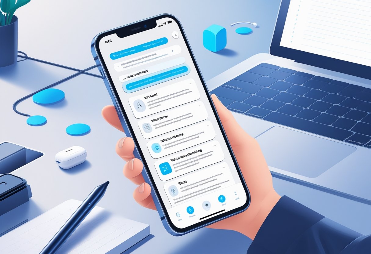 An iPhone showing an AI note-taking app interface with organized notes and icons, placed on a desk with tech accessories around.