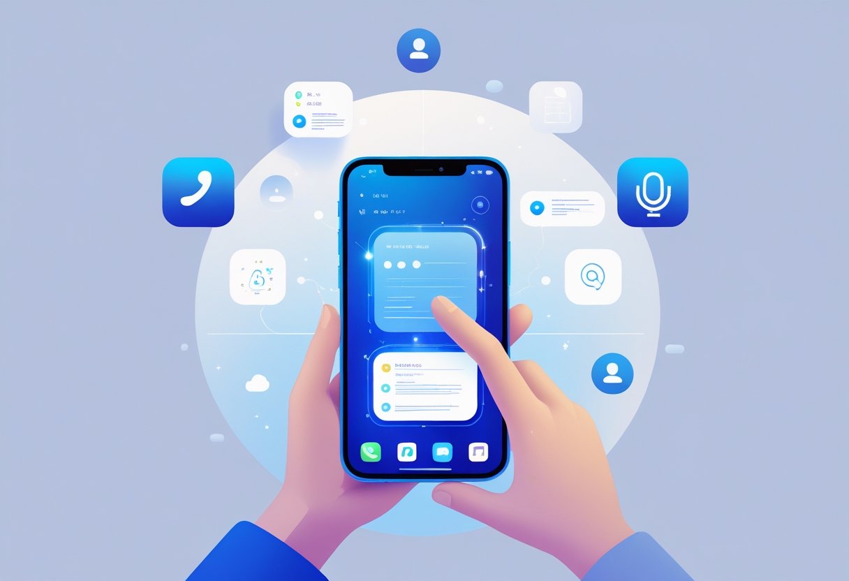 A hand holding an iPhone with glowing digital icons and abstract elements representing AI note-taking features floating around it.