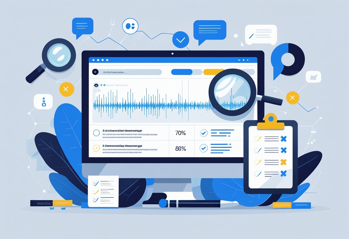 A computer screen showing audio waveforms and text transcription with accuracy indicators, surrounded by icons like a magnifying glass, checkmarks, and a checklist representing methods to measure AI transcription accuracy.