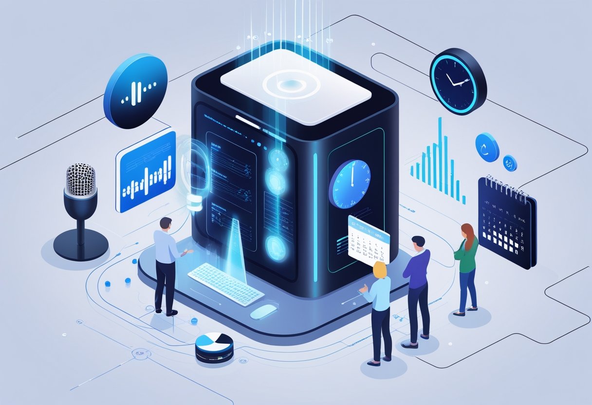An illustration showing an AI transcription system surrounded by symbols for audio quality, speech clarity, diverse speakers, time, and data processing.