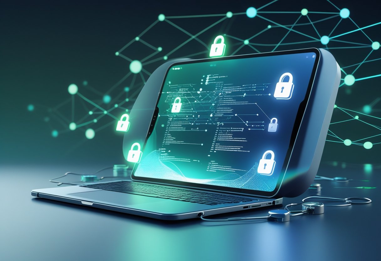 A digital notebook surrounded by holographic shields and padlocks, with floating encrypted code and a network of connected nodes representing secure AI data privacy.
