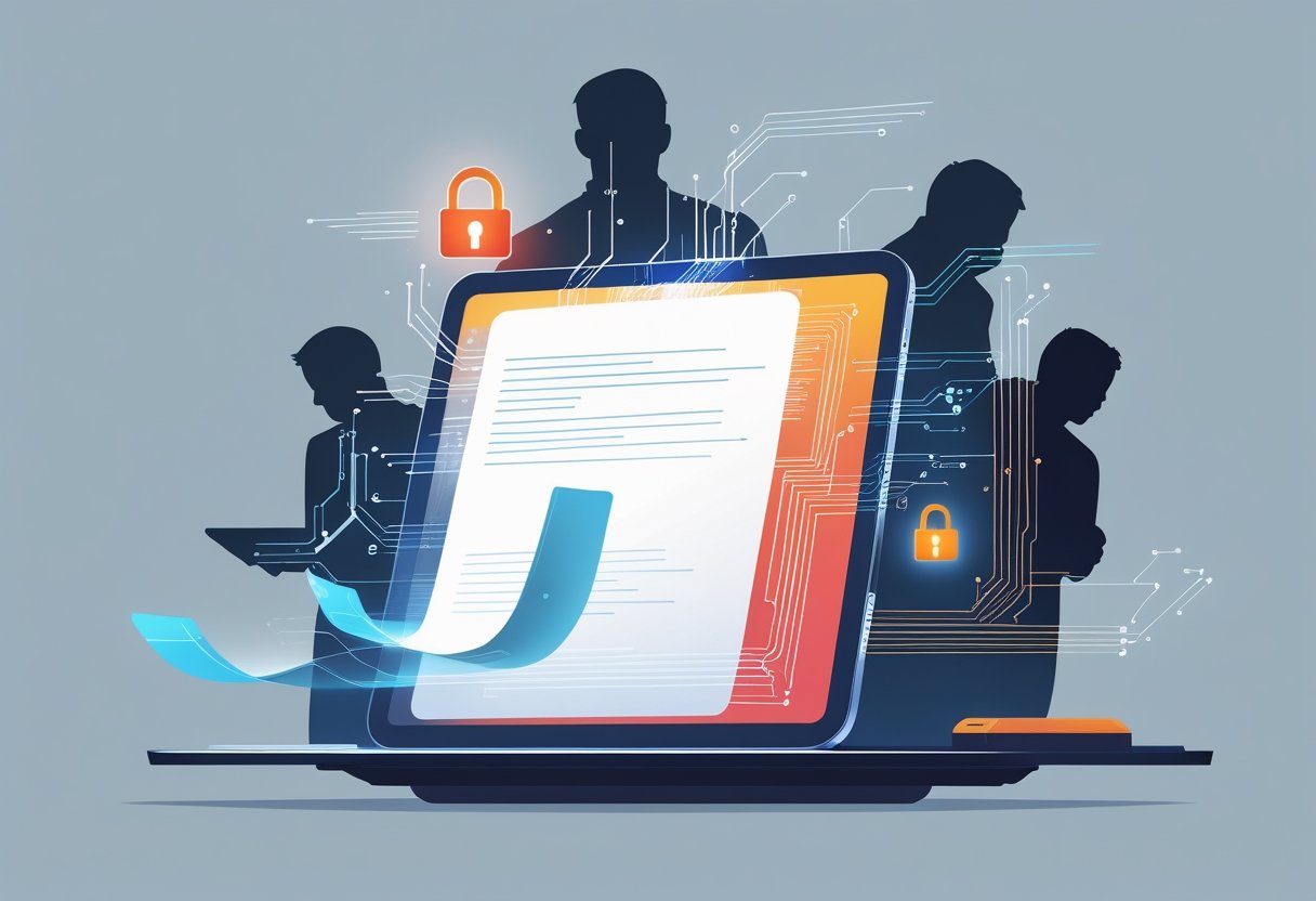 A digital device displaying AI-generated notes surrounded by symbols of privacy risks, including an open lock and shadowy figures representing data vulnerability.