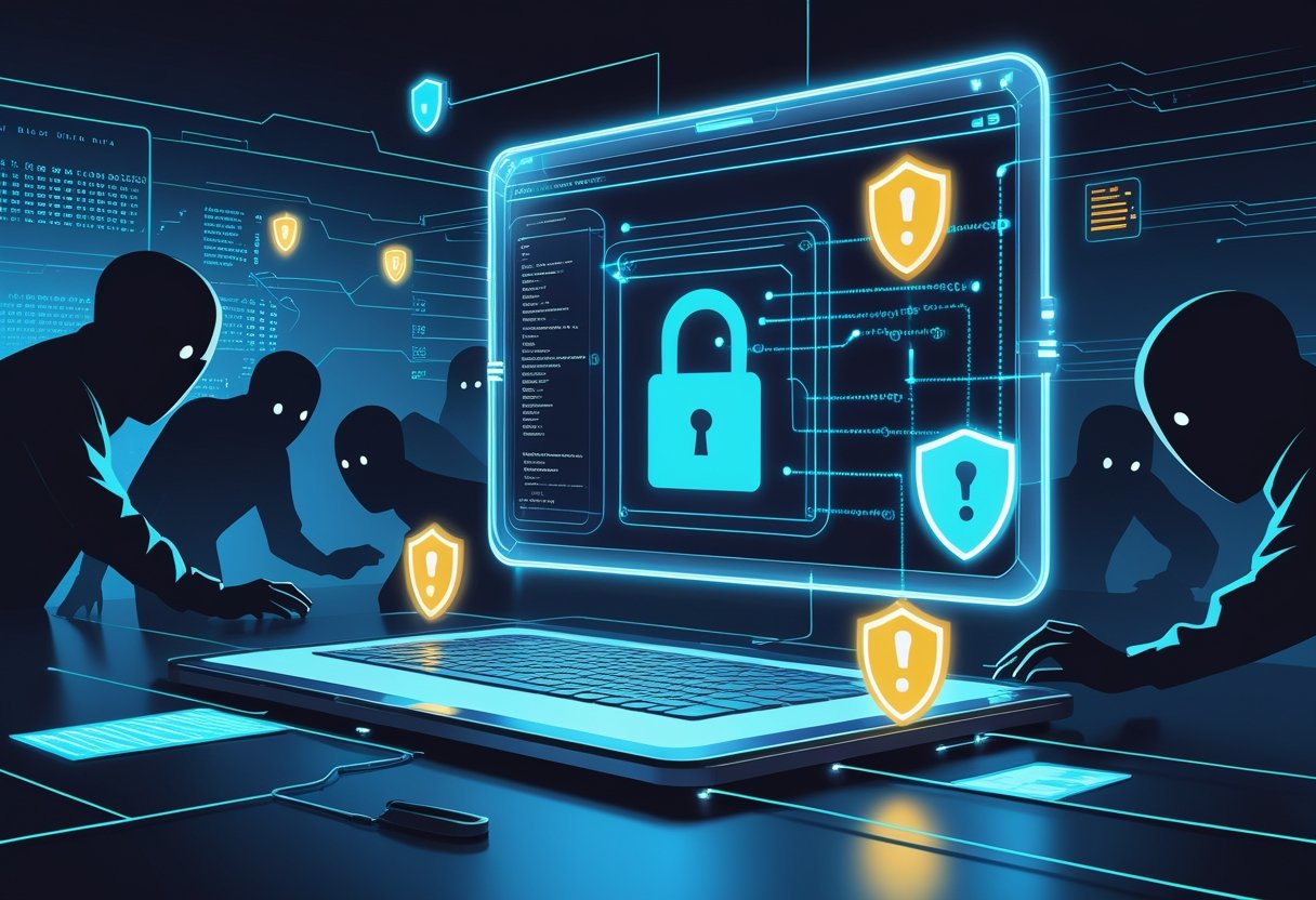 A digital workspace showing an AI notetaking device surrounded by symbols of data protection and cyber threats, with secure connections and shadowy figures representing hackers.