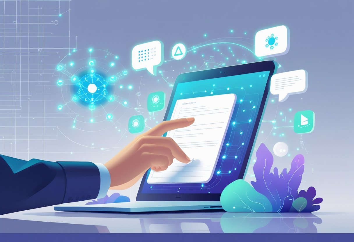 A digital workspace showing a hand interacting with a tablet surrounded by glowing icons representing AI and data processing.