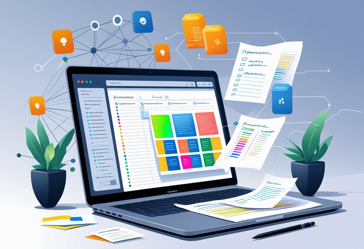 A workspace with a laptop showing digital notes being organized and categorized, surrounded by abstract AI symbols representing note-taking and data structuring.