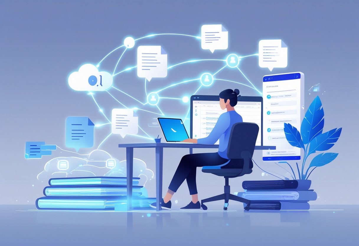 A person working on a laptop surrounded by digital icons and floating notes representing AI-assisted note-taking and organization.