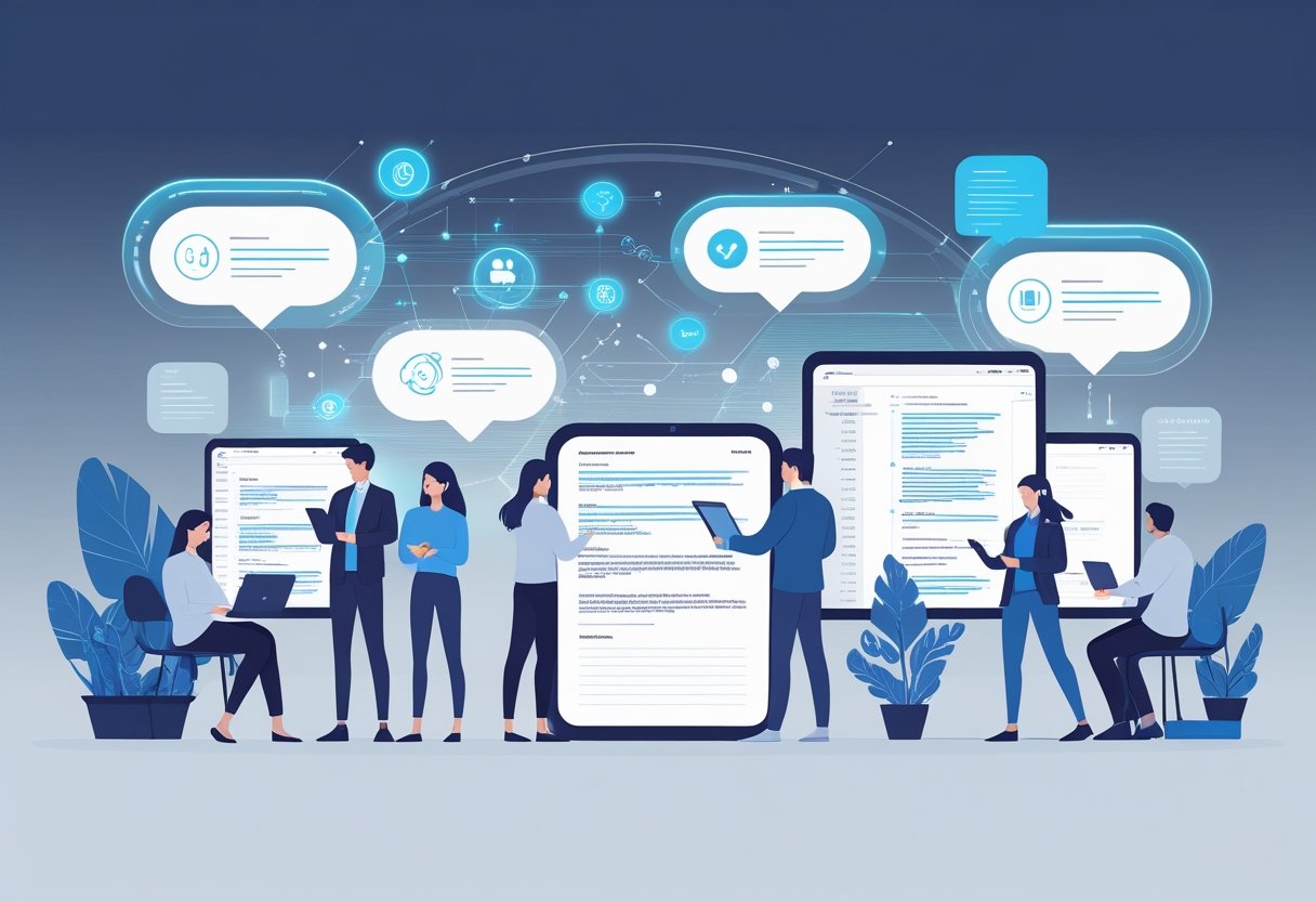 People using digital devices with organized notes and icons representing AI features like automation and collaboration.