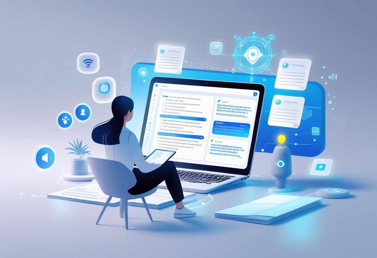 A person using a laptop with floating digital icons and holograms representing AI technology enhancing note-taking.