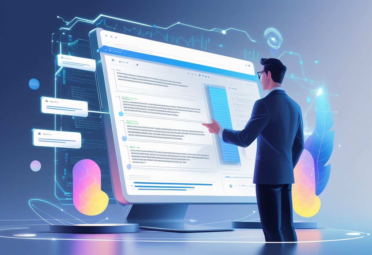 A person interacting with a futuristic computer interface that processes and summarizes streams of text using artificial intelligence, surrounded by digital data visualizations.