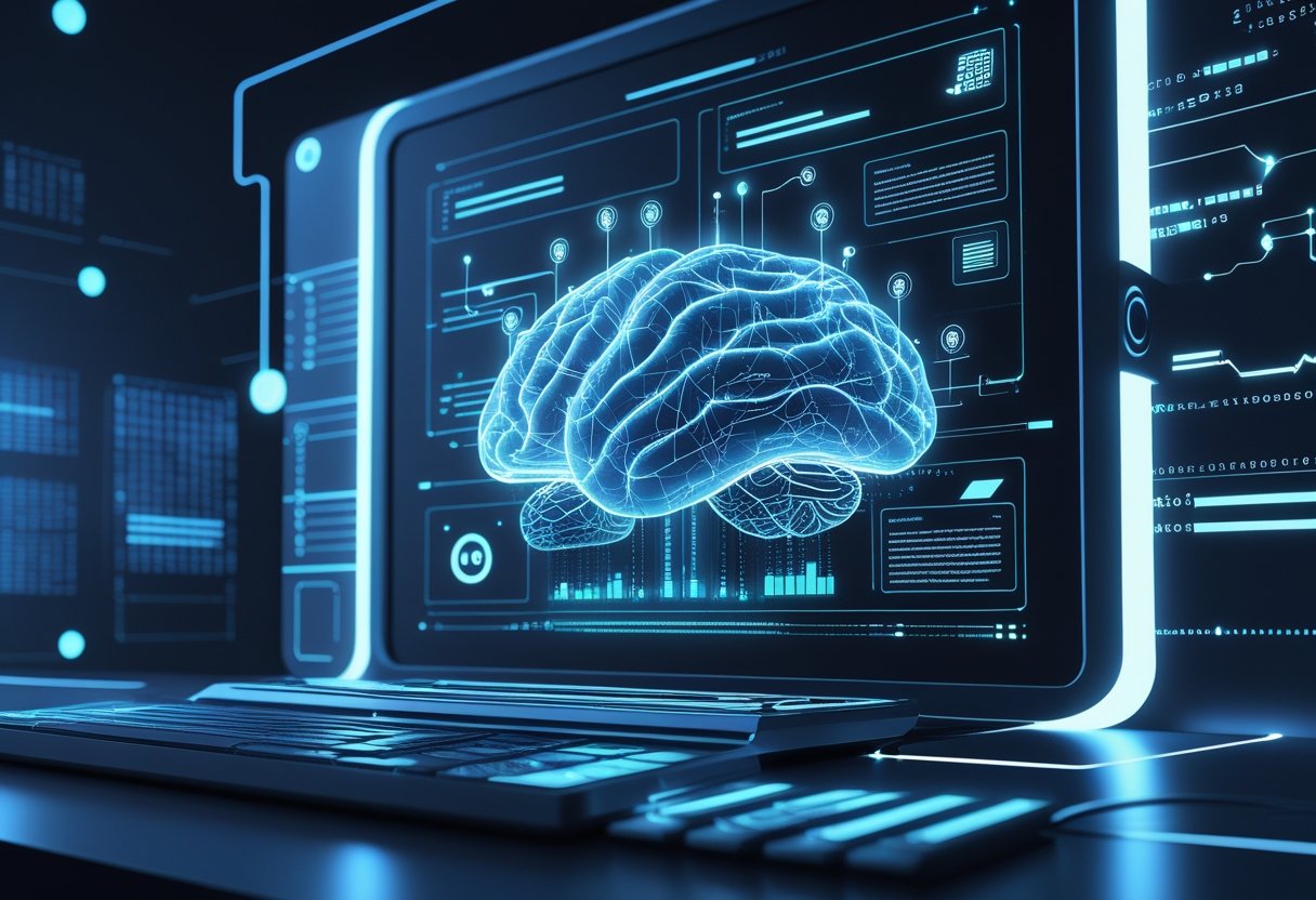 A futuristic computer processing streams of digital data from various sources and producing organized summary text, illustrating how AI generates summaries.