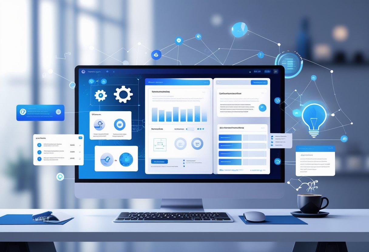 A computer monitor on a desk showing an AI summary generator interface with icons and data visuals in a modern workspace.